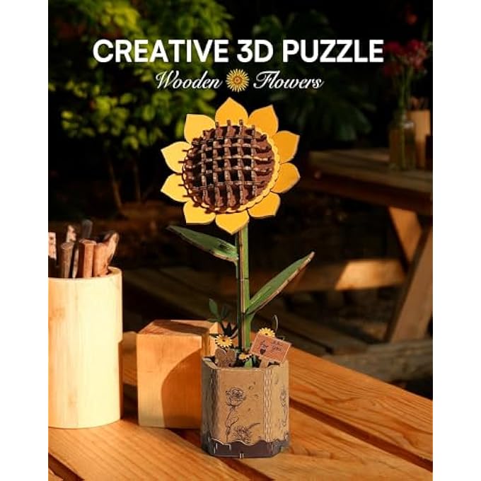 3D WOODEN FLOWER PUZZLE KIT FOR ADULTS  DIY SUNFLOWER MODEL WITH 86 PIECES, CREATIVE BOTANICAL CRAFT SET FOR HOME DECORATION, STRESS RELIEF & EDUCATIONAL GIFT, IDEAL FOR HOUSEWARMING AND RELAXATION - Image 2